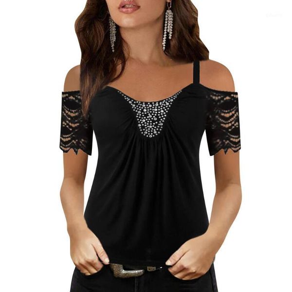 

women's t-shirt rhinestone solid slim casual short sleeve fashion lace stitching t shirts off shoulder hollow out black tees d30, White