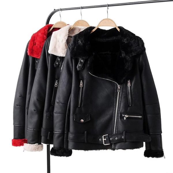 

leather clothing stock europe and america 19 autumn / winter pu fur integrated belt zipper collar jacket women's jackets, Black;brown