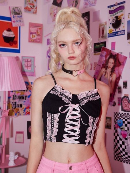

romwe lace up contrast lace crop cami h268#, White