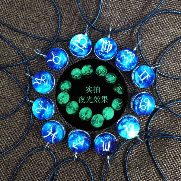 

luminous glow in the dark 12 zodiac signs necklace constellation clavicle chains stone charms pendant party jewelry gift crystal necklaces w, Red;brown