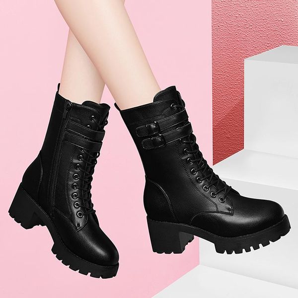 

boots women zip leather winter ladies non-slip lace up fashion plus velvet warm, Black
