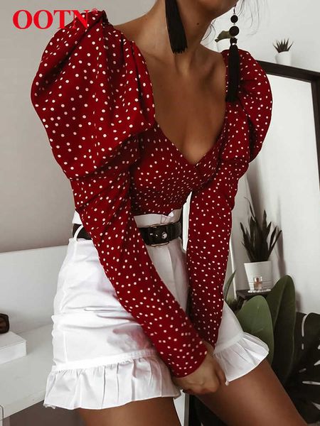 

ootn vintage polka dot women puff long sleeve wrap elegant lace up red crop blouse backless chic female shirts 210721, White