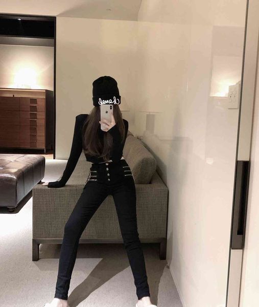 

21 early autumn ch heavy industry zipper small black pants show thin artifact high waist casual women, Blue