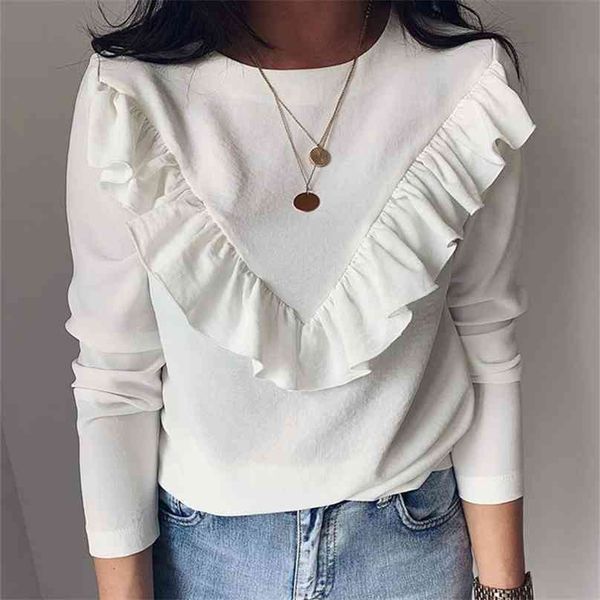

long sleeve elegant women blouses lady office work ruffles o-neck khaki shirts white black autumn winter blusas 210607