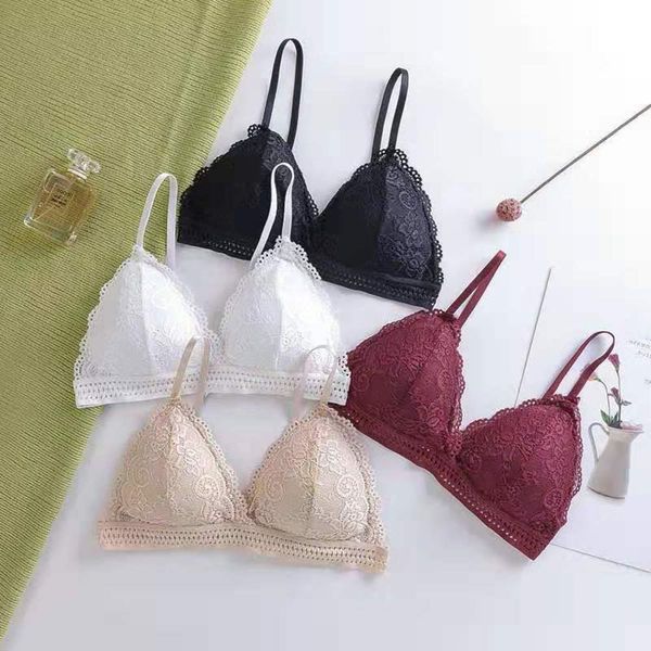 

lingerie girl style lace french triangle cup no steel ring underwear wrapped breast v-shaped girl back bra, Black;pink