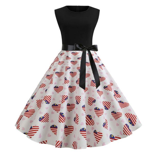 

high elastic waist vintage dress women american flag print sleeveless evening party prom swing vestidos tide casual dresses, Black;gray