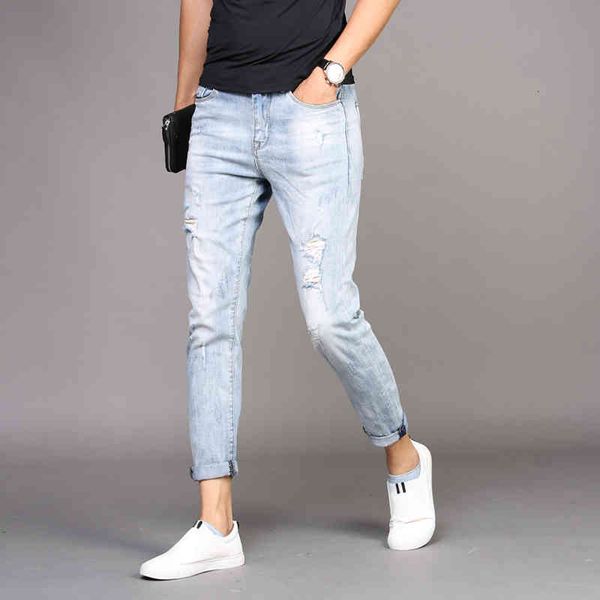 

summer stretch ripped jeans men light blue slim fit ankle-length pants fashion streetwear thin denim trousers