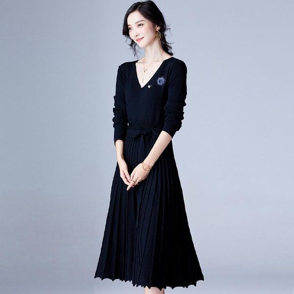 

casual dresses lady office women dress spring knit autumns long sleeve v neck knitting elegant os248, Black;gray