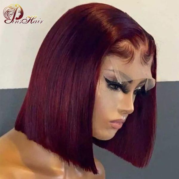 

straight short red bob wig human hair 99j burgundy lace front wigs 150% brazilian pre plucked remy, Black;brown