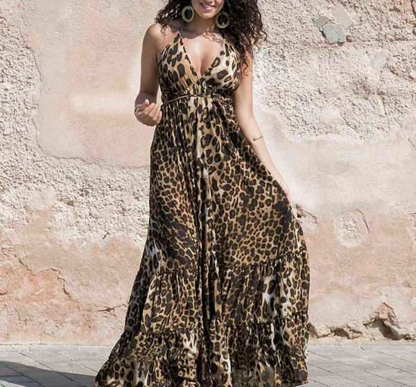 

2021 summer women's party print open back sleeveless dress fashion leopard v-neck suspender dress, Black;gray
