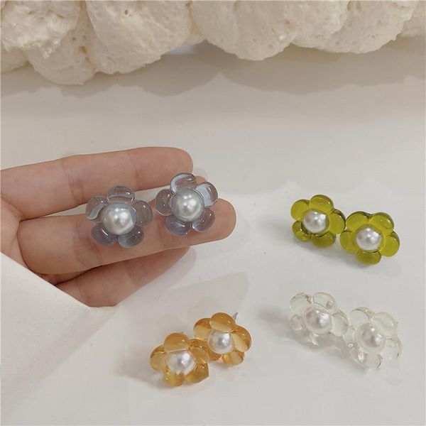 

stud korean retro fashion colorful resin imitation pearl flower earrings sweet cute geometric for women party jewelry, Golden;silver