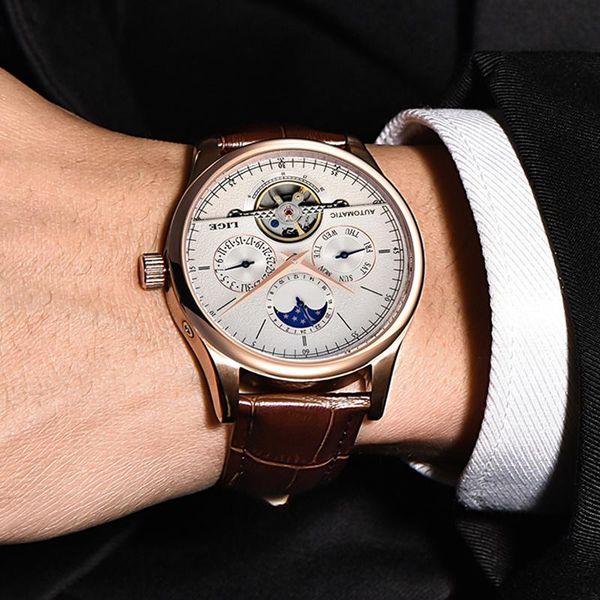

wristwatches brand classic mens retro watches automatic mechanical watch tourbillon clock genuine leather waterproof business wristwatch, Slivery;brown