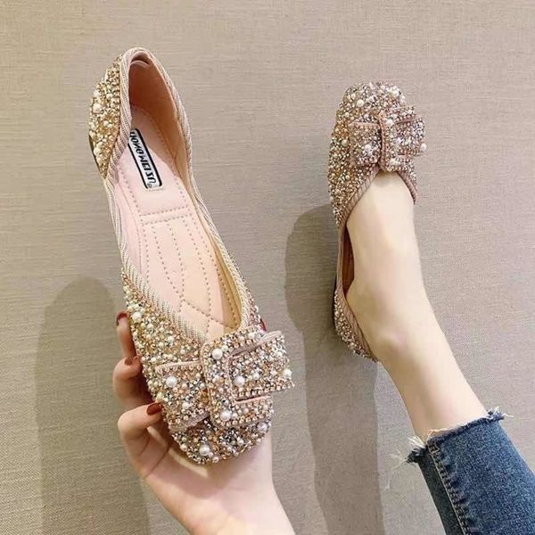 

casual shoes flat sole single shoes female spring and summer diamond bow shallow mouth square head gentle fairy grandmother soft leather bea, Black