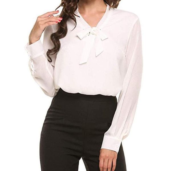 

women's blouses & shirts shirt bow tie collar long sleeve solid color loose chiffon autumn 2021 casual fashion elegant office commute, White
