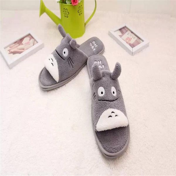 

slippers cute totoro cartoon winter plush couple shoes lovely bedroom keep warm soft home floor non-slip slipper women men, Black