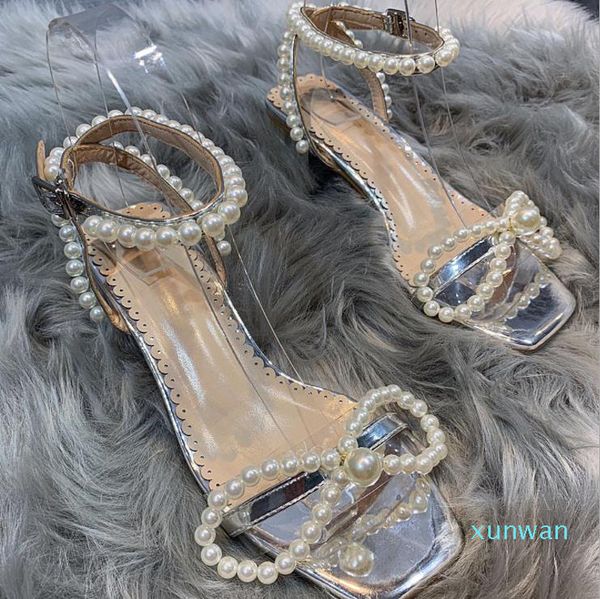 

pearl sandals female small fragrant wind single skirt ins fairy style belt bow transparent in rough with roman shoes, Black