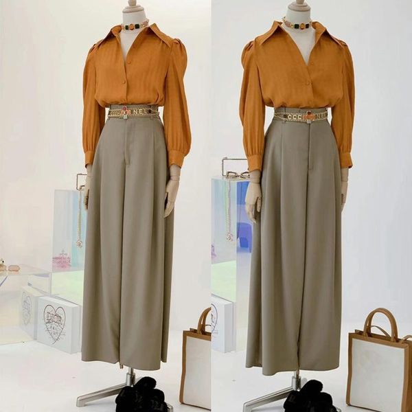 

gorgeous vintage two piece set women gold brown v-neck blusas y camisas elegant pantalones de mujer office chemise femme women's pants, White