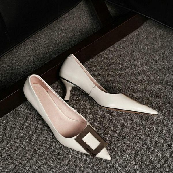 

dress shoes zawsthia genuine natural leather pointed toe chic woman's thin high heels womens stilettos metal buckle office pumps, Black