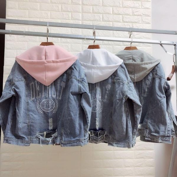

women's jackets detachable hooded denim jacket women letter embroidery tearing hole jean coat female boyfriend spring autumn, Black;brown