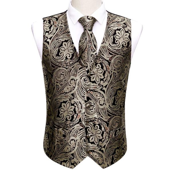 

men's vests men brown waistcoat silk vest for jacquard paisley tie hanky 4pc set formal business party male jacket barry.wang designer, Black;white