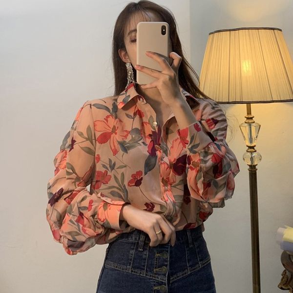 

new arrival women blouses autumn fashion floral print v-neck long sleeve chiffon shirt x0521, White