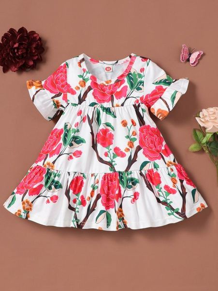 

baby floral print flounce sleeve ruffle hem dress she, Red;yellow