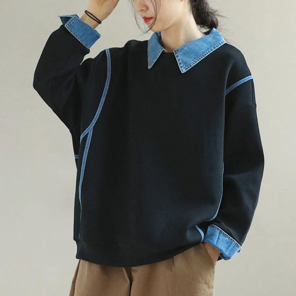 

women's hoodies & sweatshirts arrival 2021 spring autumn arts style women long sleeve loose pullovers cotton denim turn-down collar cas, Black