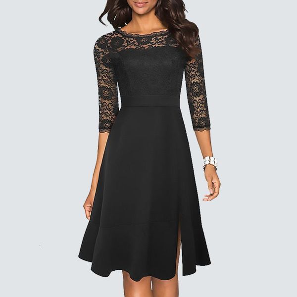 

casual dresses autumn women lace patchwork vintage party dress elegant fit and flare chic side split a-line ha225 qqn9, Black;gray