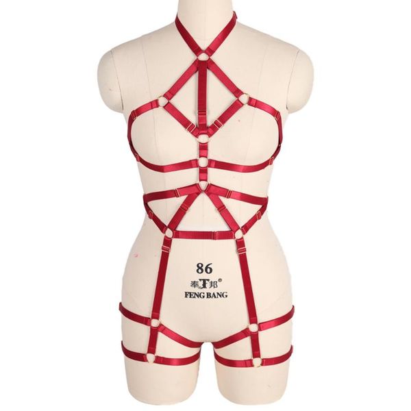 

bras sets punk goth accessories hollow bra full body erotic lingerie set harness for women waist pole dance rave clothes suspender, Red;black