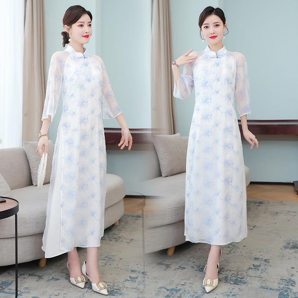 

casual dresses coigarsam 3xl plus size cheongsam chiffon women dress summer vintage design and color 8115, Black;gray