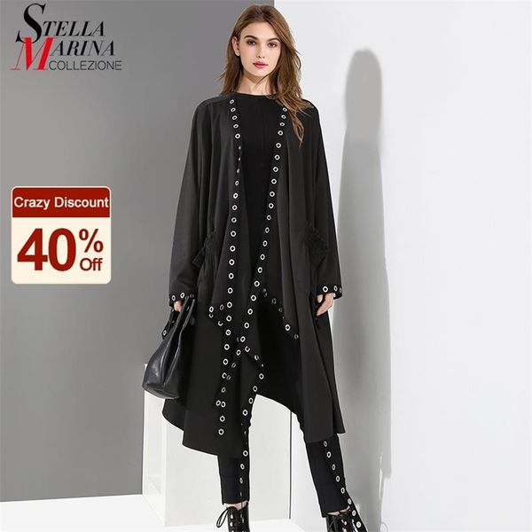 

korean woman solid black unique cape style jacket open design big size long tape metal holes ladies loose cloak 3843 210818, Black;brown