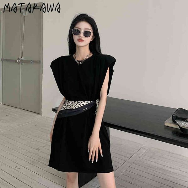 

matakawa loose vestidos korean slim waist mini dresses for women pad sleeveless t-shirt dress summer robe with silk scarf 210513, Black;gray