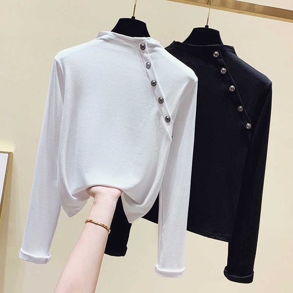 

half turtleneck spring autumn tshirt women korean style slim button t-shirt womens clothes tee shirt femme white black 210604