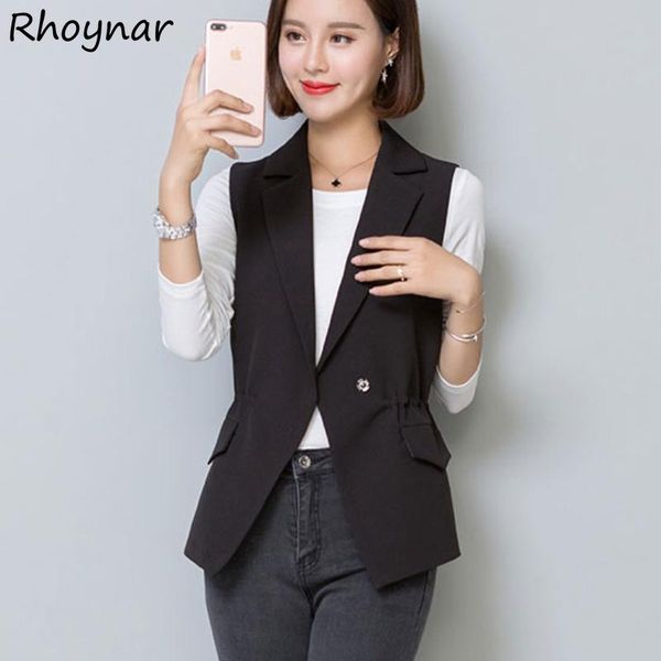 

women's vests women spring solid black large size m-3xl elegant office lady clothing female leisure ins pockets turn down collar autumn, Black;white