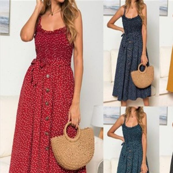 

fashion sling womens dresses ruffled polka dot print female sleeveless loose lace button decoration holiday dress women summer vacation, Black;gray
