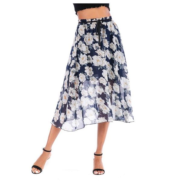 

skirts women casual bohemian beach skirt summer mesh tulle elastic high waist flower print long pleated skirts#0319, Black