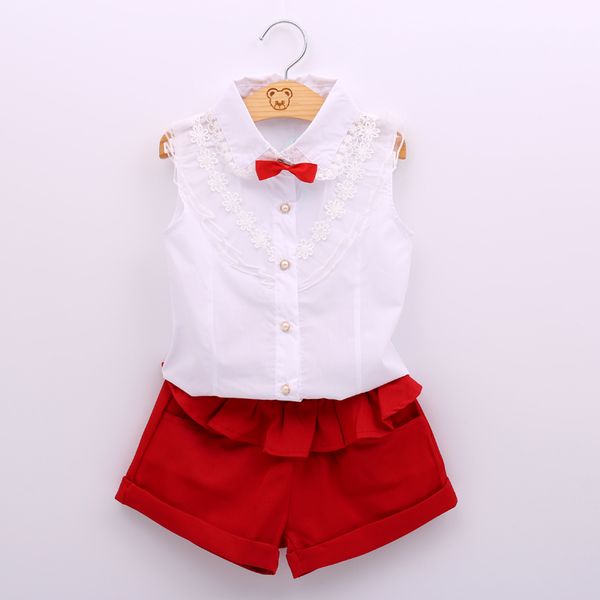 

summer girls' clothes set fashion style bowknot lace splicing lapel shirt + shorts 2 children's clothing 210515, White