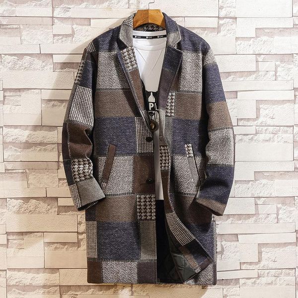 

men's trench coats yasuguoji winter casual contrast color plaid slim fit long coat men swtreetwear sleeve thick patchwork mens overcoat, Tan;black