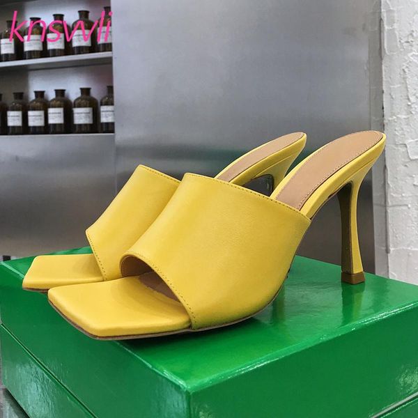 

high heels slippers women square toe designer shoes genuine leather mules summer runway party woman sandals, Black