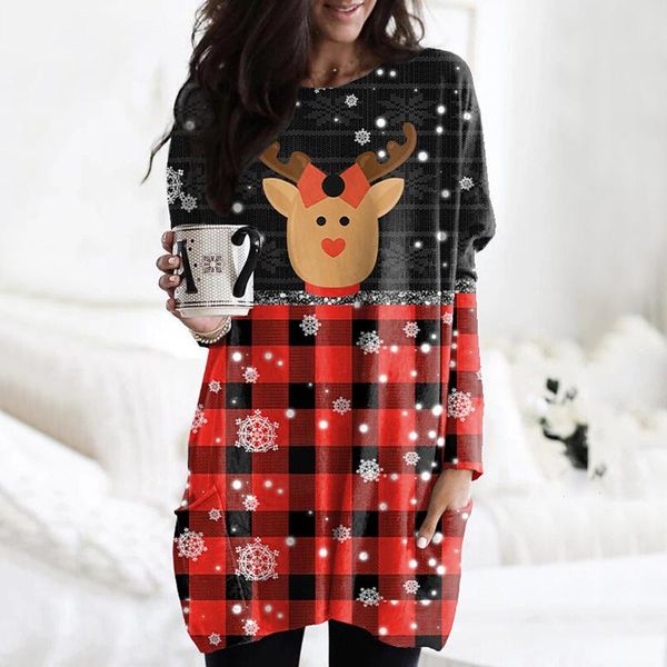

women's t-shirt christmas elk long t-shirts women fashion plaid printed round neck xmas cartoon loose sleeve fall winter casual top, White