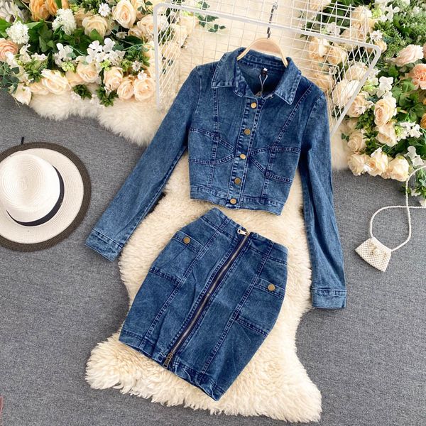 

two piece dress -chaqueta vaquera para mujer, , conjuntos de faldas cuello vuelto, abrigos botones, trajes falda ff9j, White