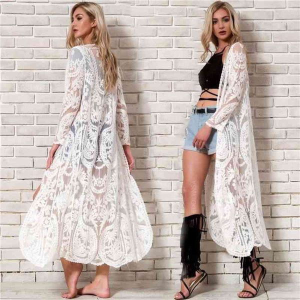 

see through three quarter sleeve long kimono cardigan plus size women beachwear and blouse shirts lace pareo n860 210416, White;black