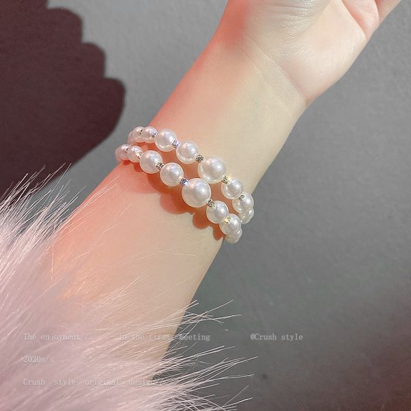 

real gold electroplating exaggerated atmosphere design inlaid with diamond pearl double layer bracelet fashion net red temperament bracelet, Black