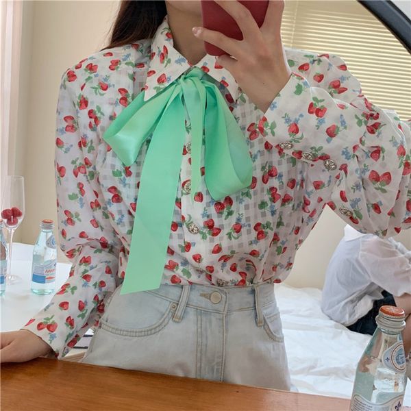 

blouses korean gentle large size printed strawberries bow vintage color-hit chic women streetwear long sleeve blouses, White