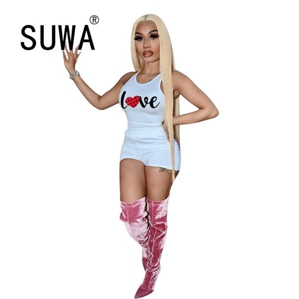 

loungewear 2 piece outfits for women sets clothes love letter printed tank pullover shorts sweatpants vintage casual street 210525, White