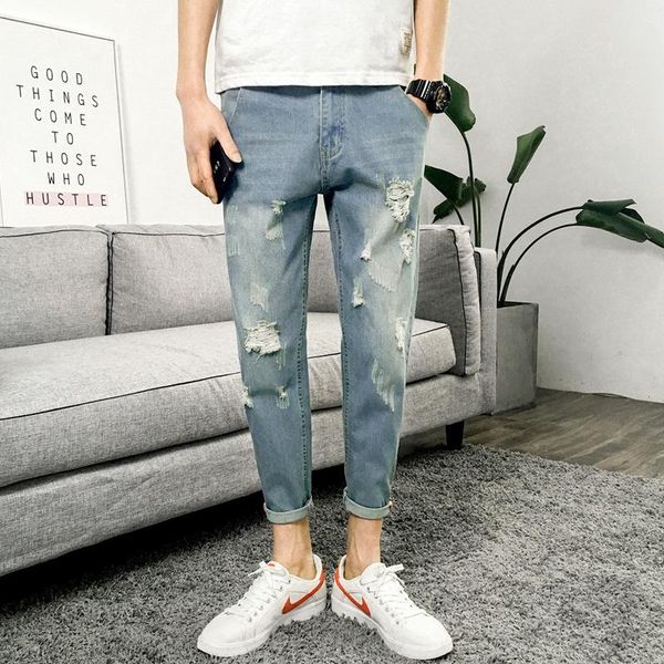 

men's jeans jogger harem pant men harajuku cargo cotton casual hole ripped denim hip hop male pencil jean, Blue