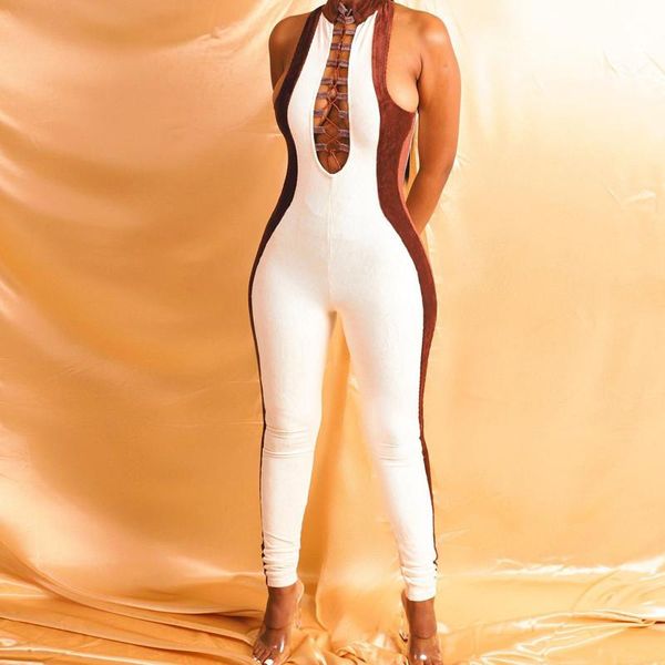 

style color patchwork rompers overalls women skinny lace-up o neck sleeveless jumpsuits bodysuit 2021 vintage romper women's &, Black;white