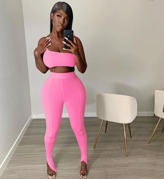 

women solid casual sets two pieces fitness tracksuit 2021 summer elastic camisole high waist leggings female sportwear outfit piece dress, White