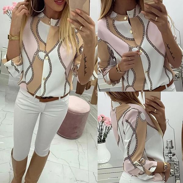 

ladies pullover autumn women's casual chain printing stand collar long sleeve shirt blouse top, White