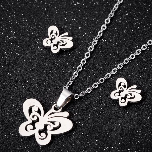 

earrings & necklace thj stainless steel heart jewelry set for women butterfly flower pendant link stud earring fashion wedding, Silver